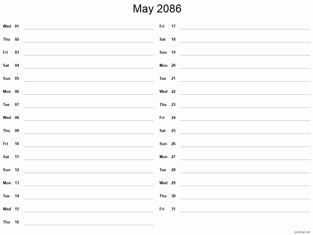 May 2086 Printable Calendar - Two Column Notesheet