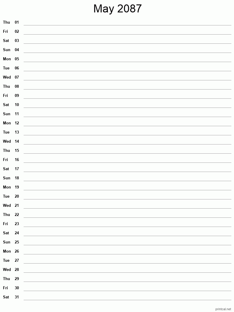 May 2087 Printable Calendar - Single Column Notesheet