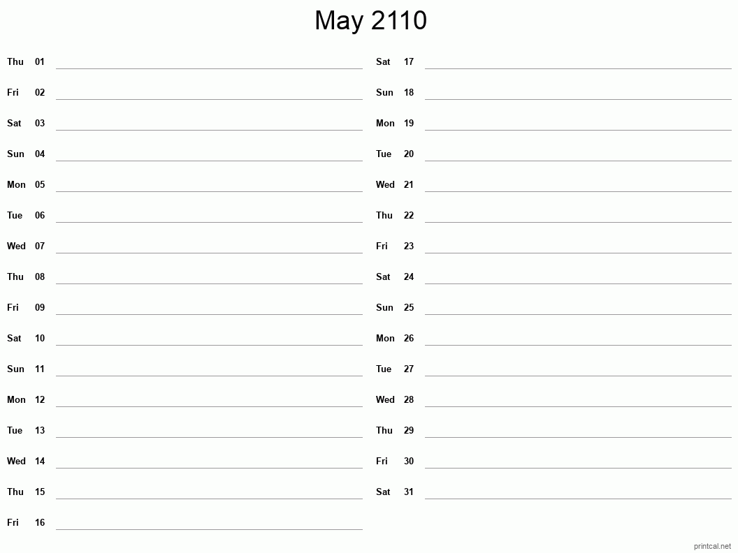 May 2110 Printable Calendar - Two Column Notesheet