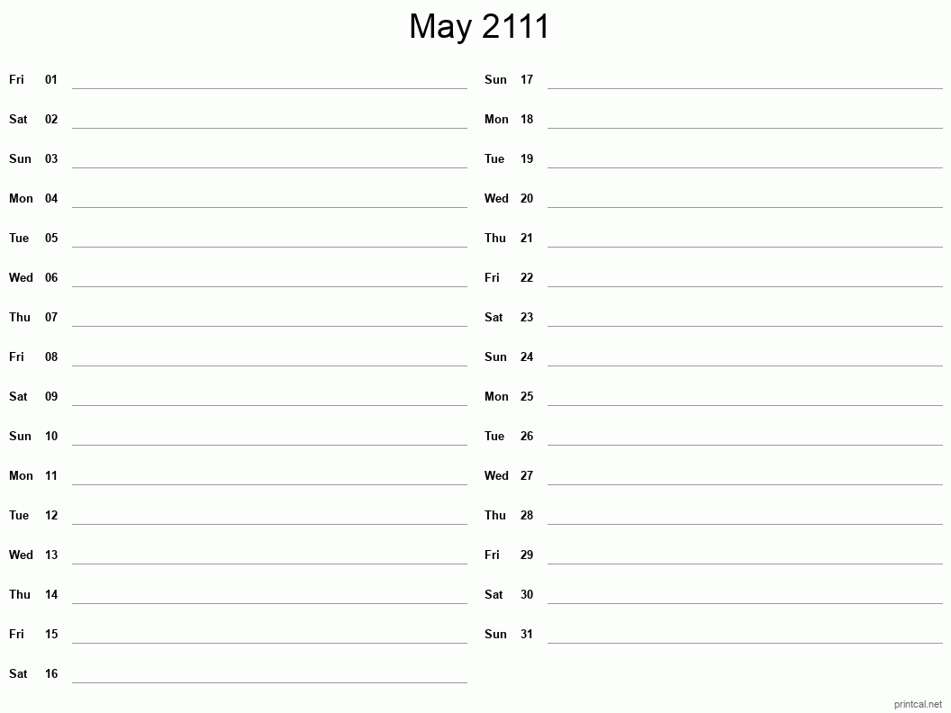 May 2111 Printable Calendar - Two Column Notesheet