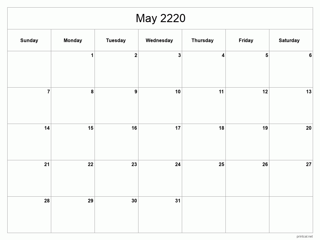 May 2220 Printable Calendar - Classic Blank Sheet
