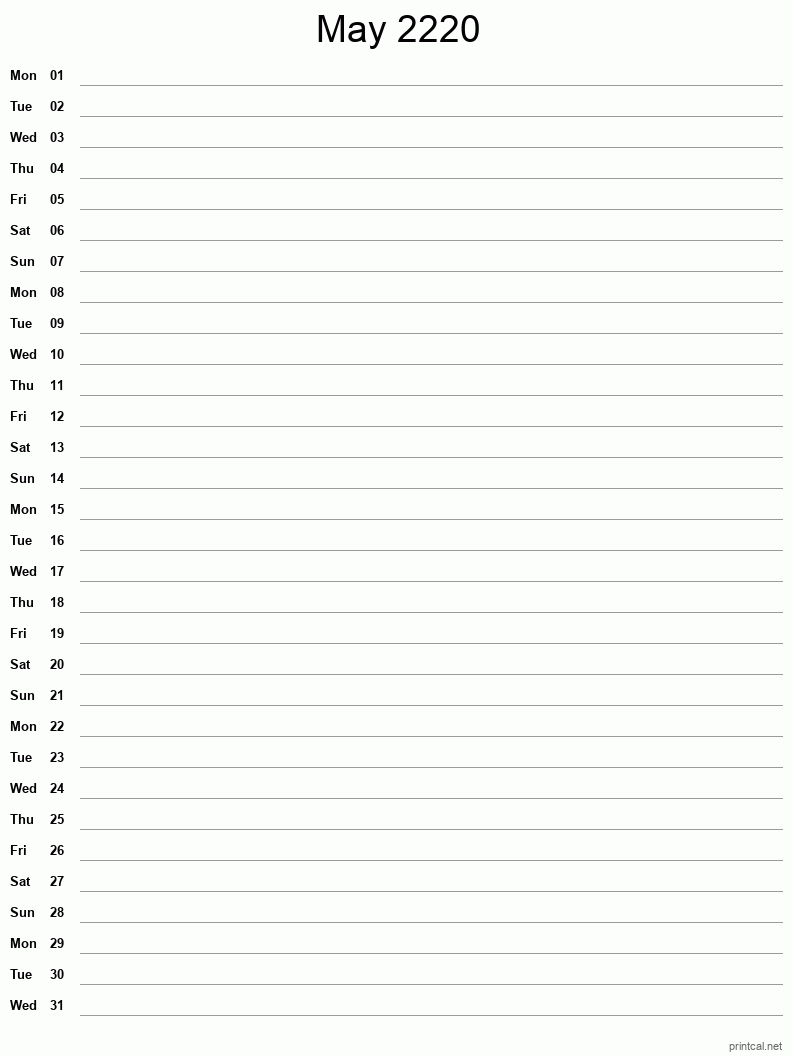 May 2220 Printable Calendar - Single Column Notesheet