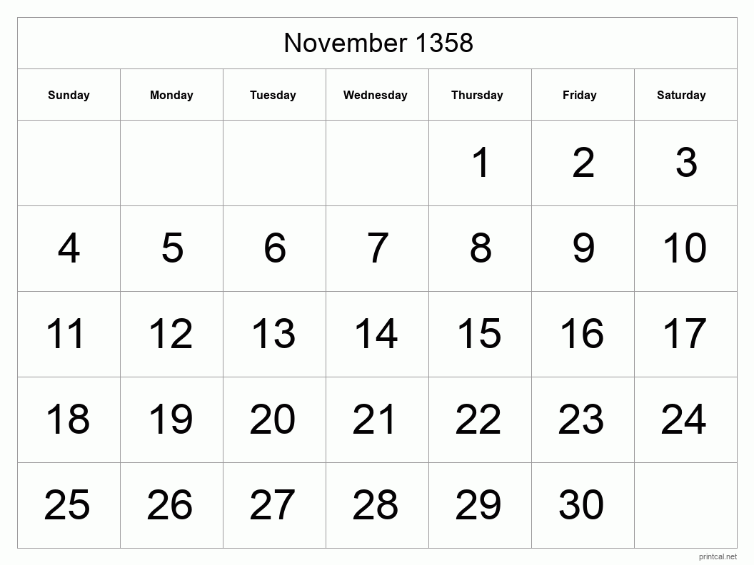 November 1358 Printable Calendar - Big Dates