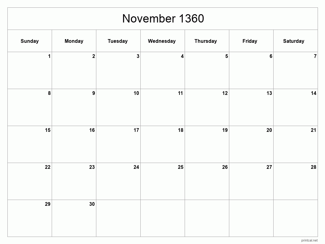 November 1360 Printable Calendar - Classic Blank Sheet