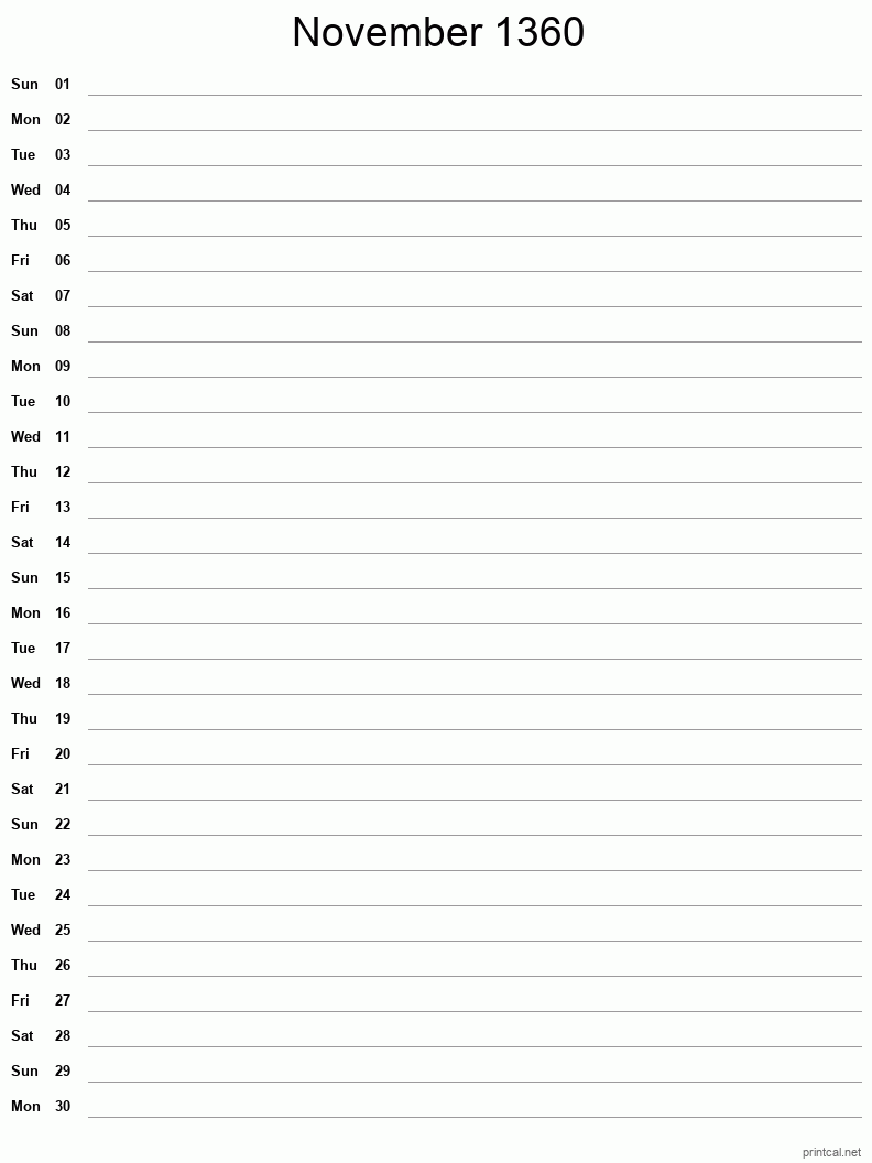 November 1360 Printable Calendar - Single Column Notesheet
