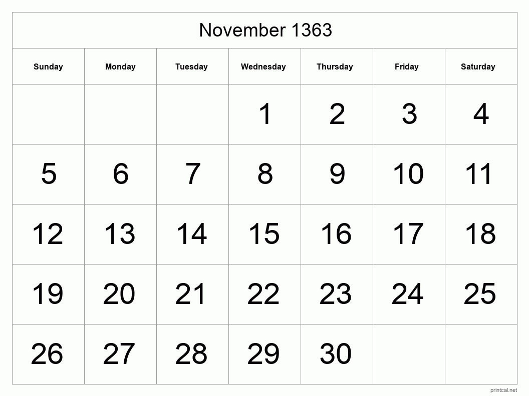 November 1363 Printable Calendar - Big Dates