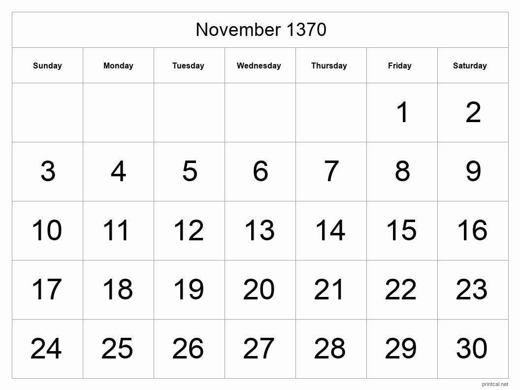 November 1370 Printable Calendar - Big Dates