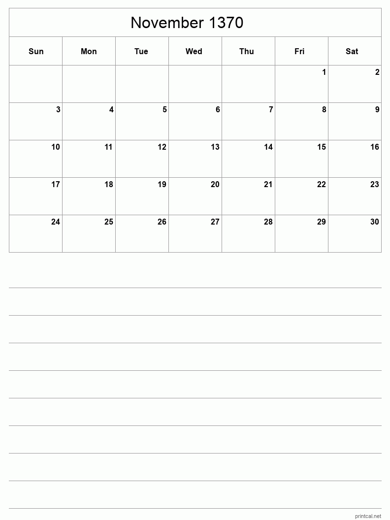 November 1370 Printable Calendar - Half-Page With Notesheet