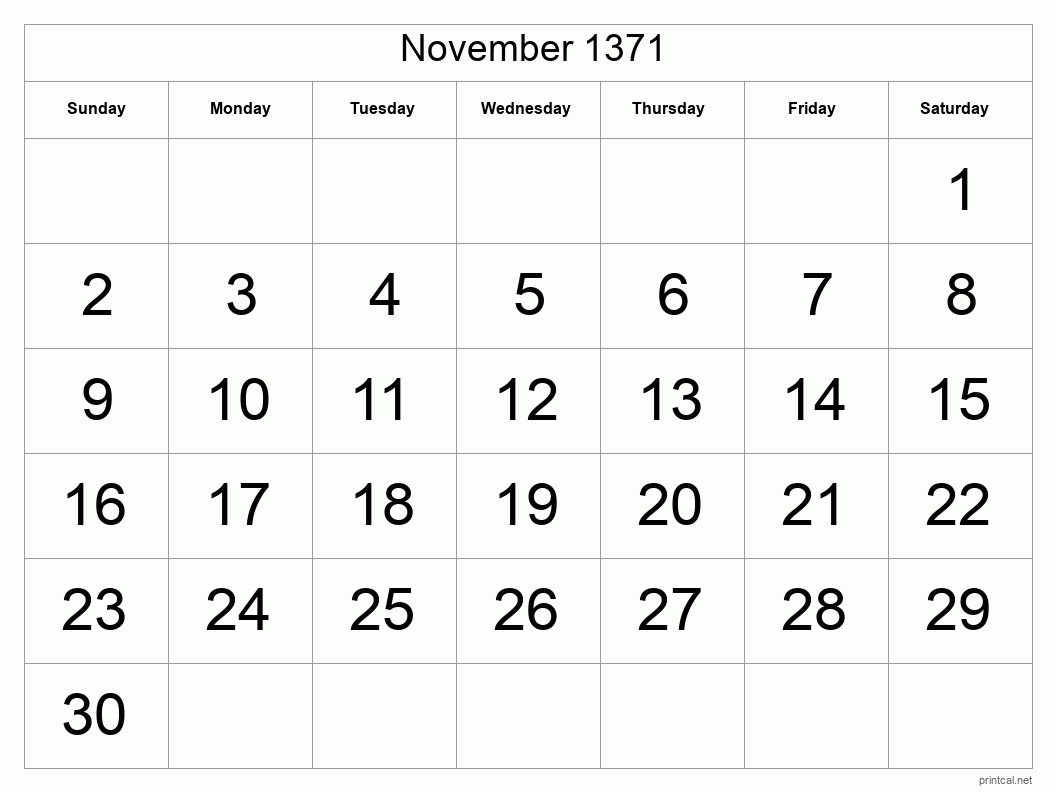 November 1371 Printable Calendar - Big Dates