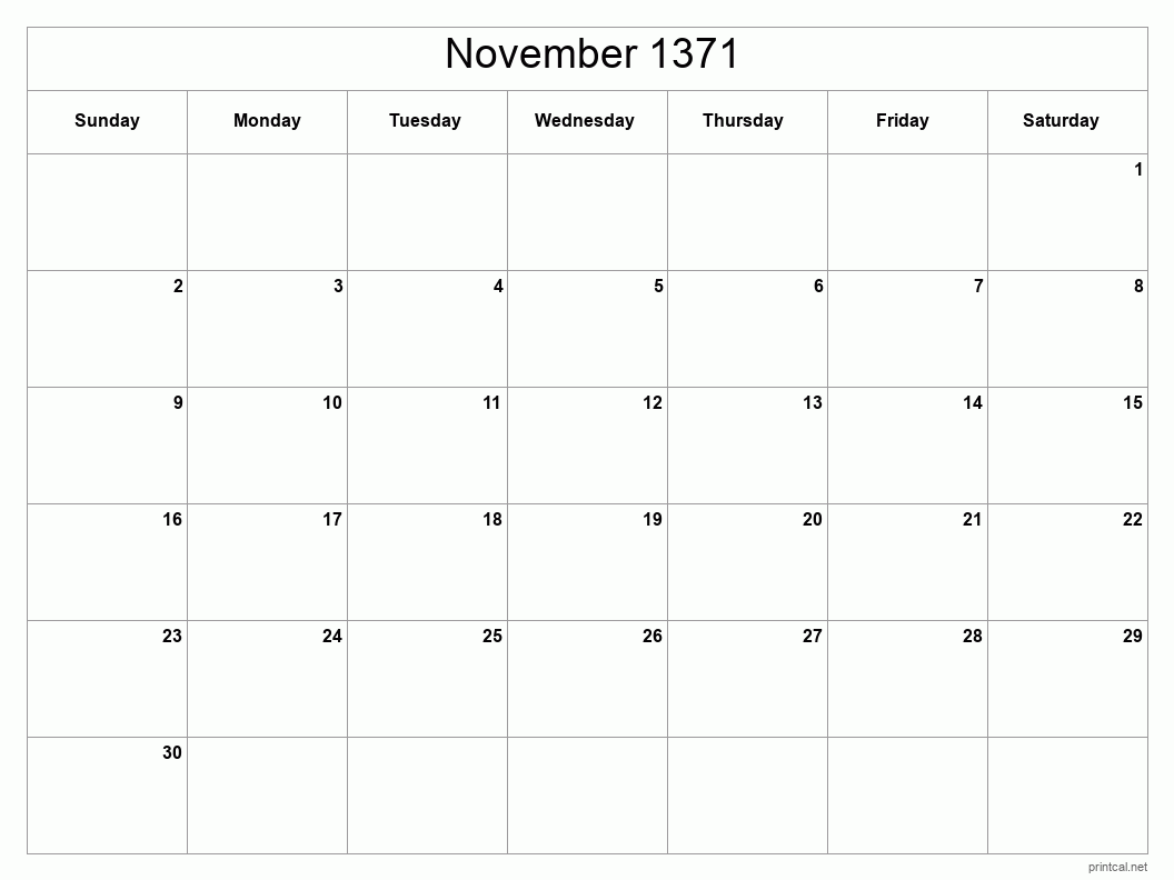 November 1371 Printable Calendar - Classic Blank Sheet