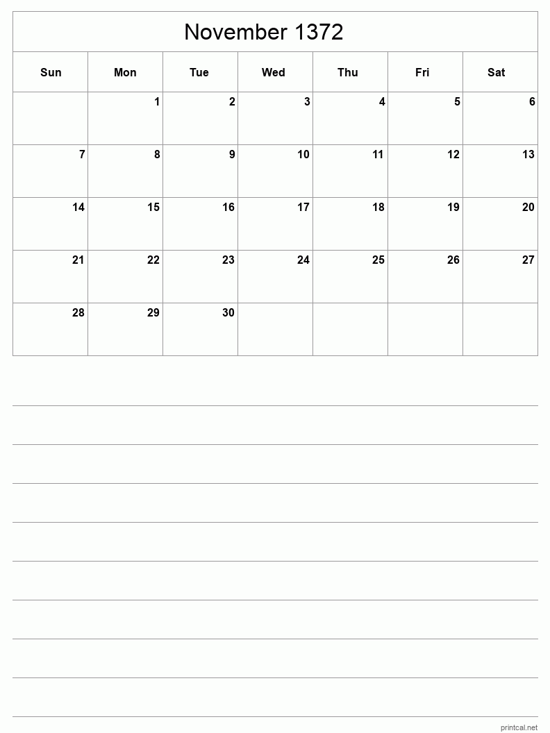November 1372 Printable Calendar - Half-Page With Notesheet