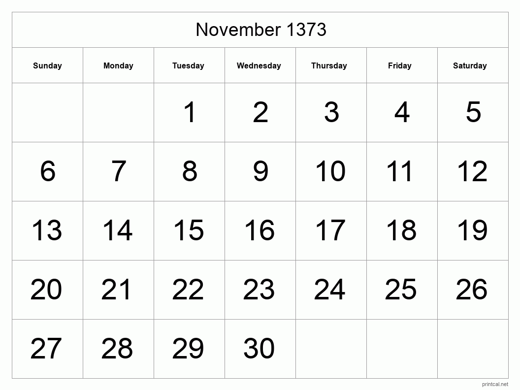 November 1373 Printable Calendar - Big Dates