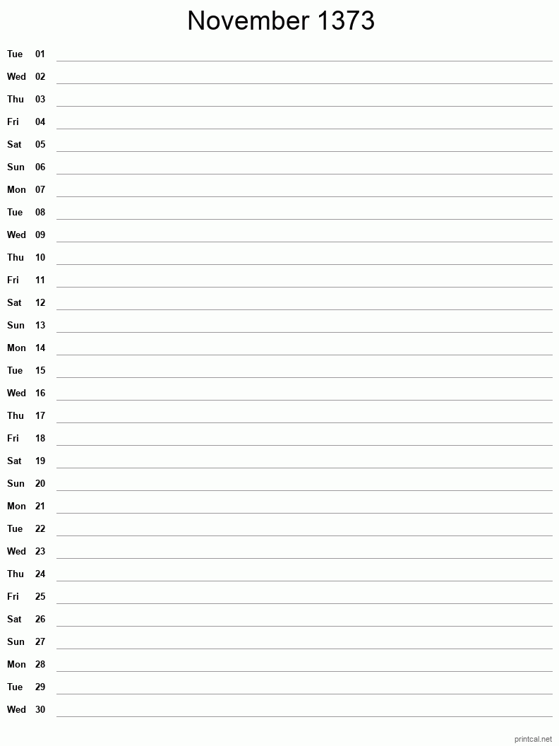 November 1373 Printable Calendar - Single Column Notesheet
