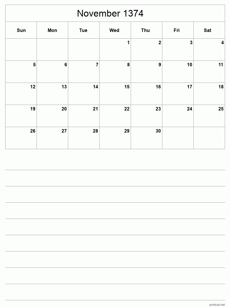 November 1374 Printable Calendar - Half-Page With Notesheet
