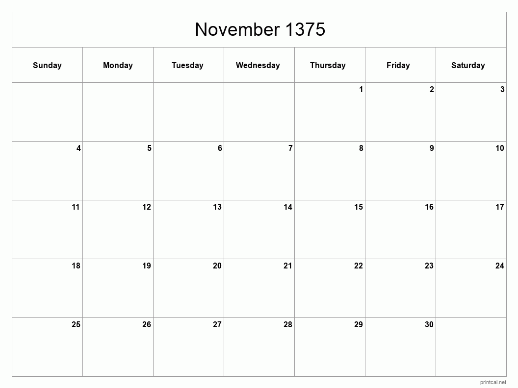 November 1375 Printable Calendar - Classic Blank Sheet