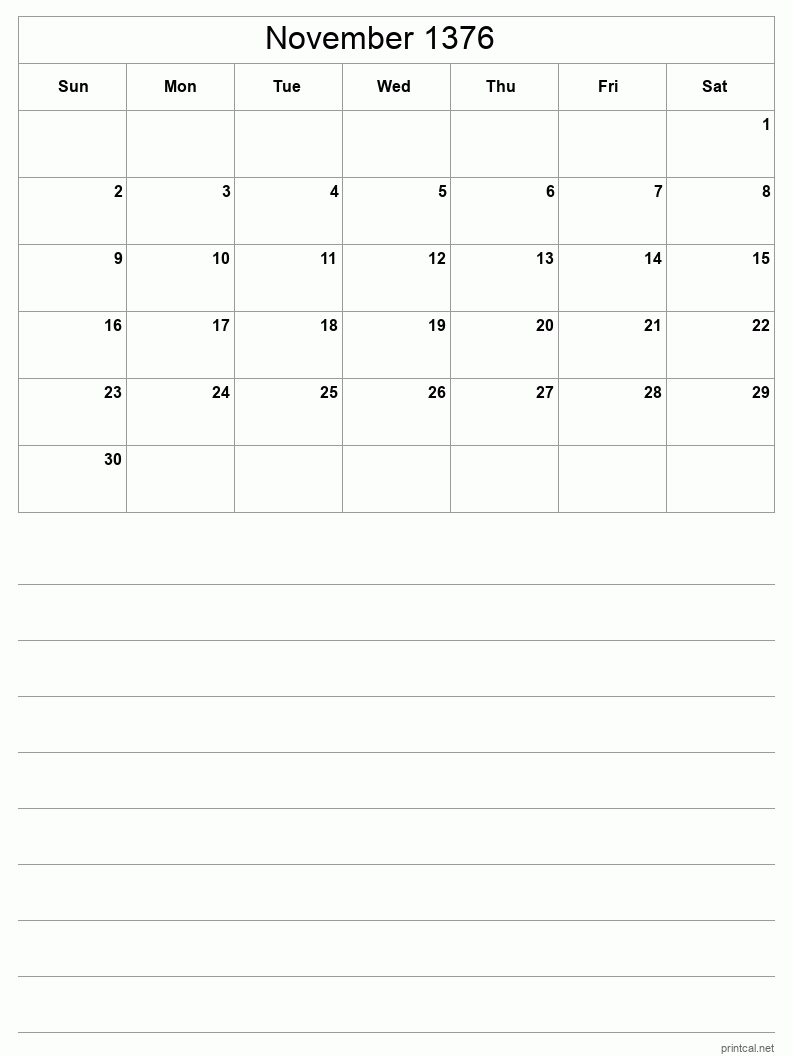 November 1376 Printable Calendar - Half-Page With Notesheet