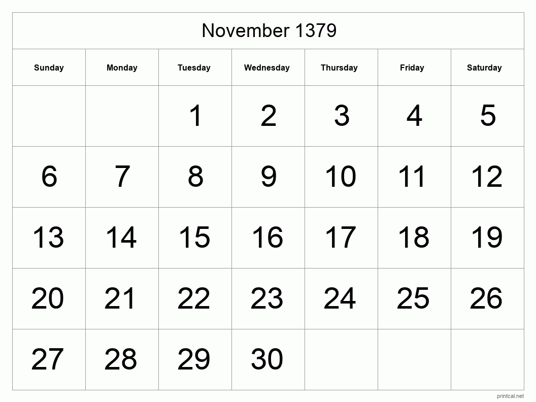 November 1379 Printable Calendar - Big Dates