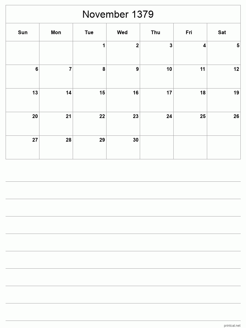 November 1379 Printable Calendar - Half-Page With Notesheet