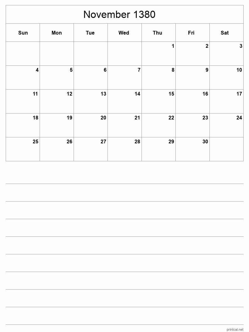 November 1380 Printable Calendar - Half-Page With Notesheet