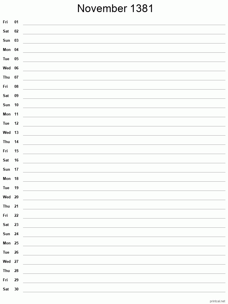 November 1381 Printable Calendar - Single Column Notesheet