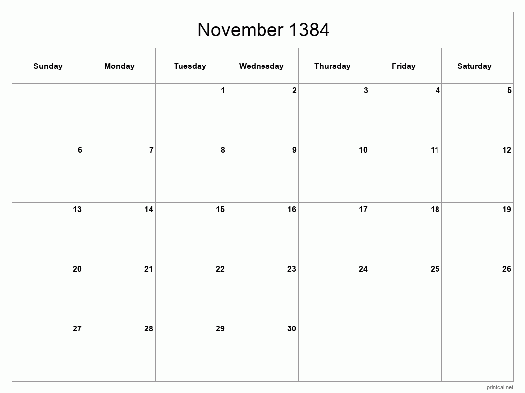November 1384 Printable Calendar - Classic Blank Sheet