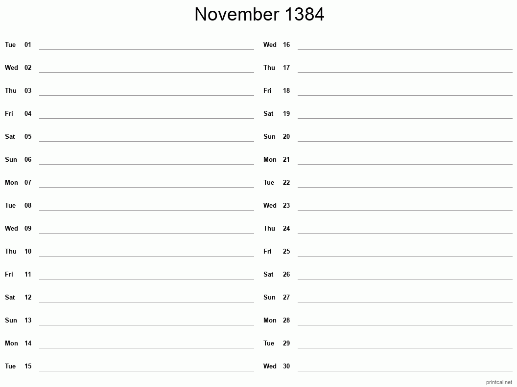 November 1384 Printable Calendar - Two Column Notesheet