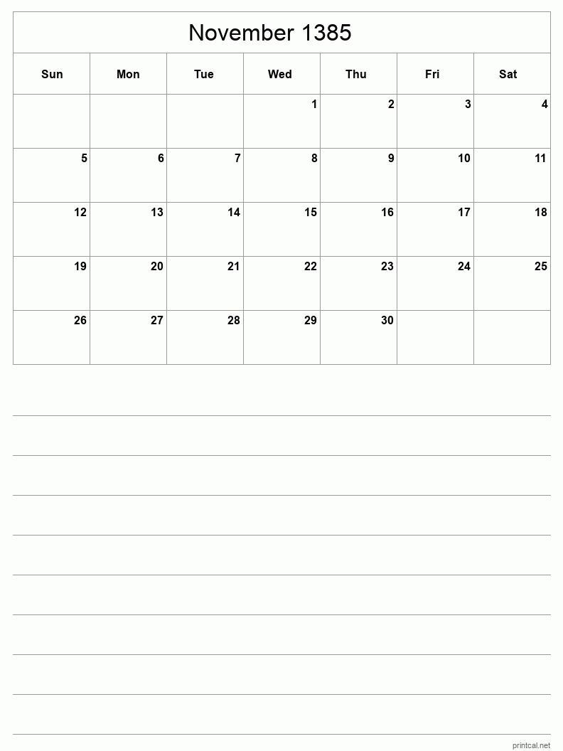 November 1385 Printable Calendar - Half-Page With Notesheet