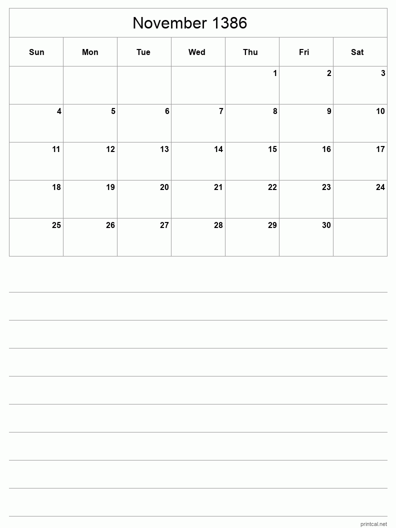 November 1386 Printable Calendar - Half-Page With Notesheet