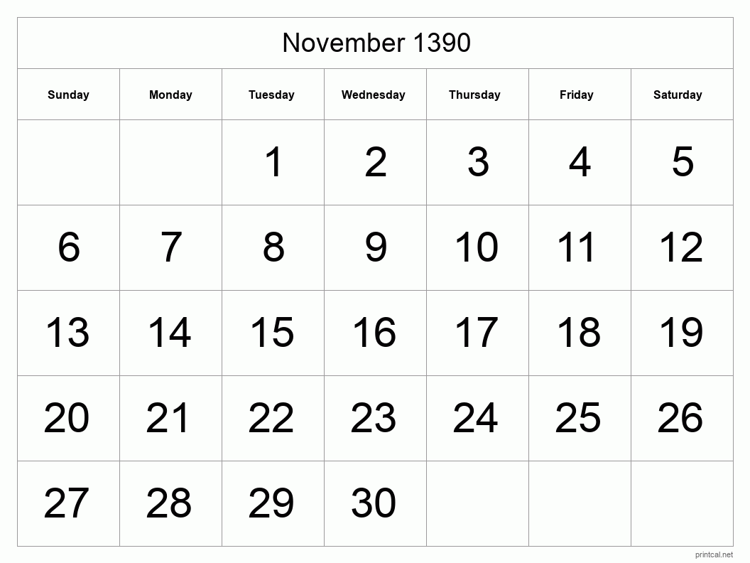 November 1390 Printable Calendar - Big Dates