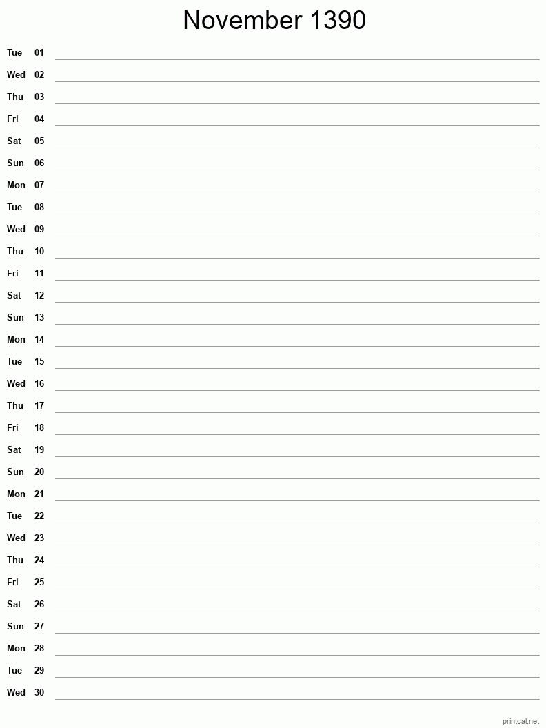 November 1390 Printable Calendar - Single Column Notesheet