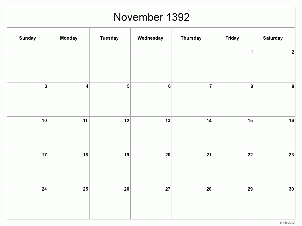 November 1392 Printable Calendar - Classic Blank Sheet