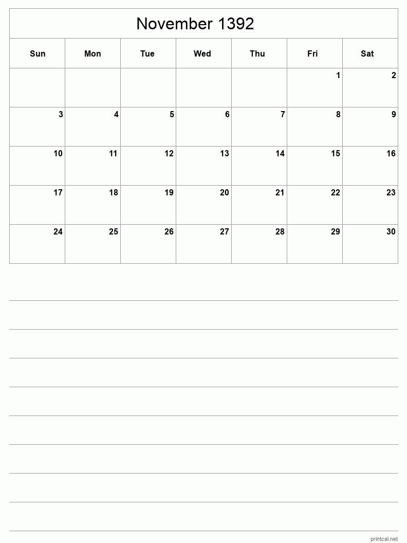 November 1392 Printable Calendar - Half-Page With Notesheet