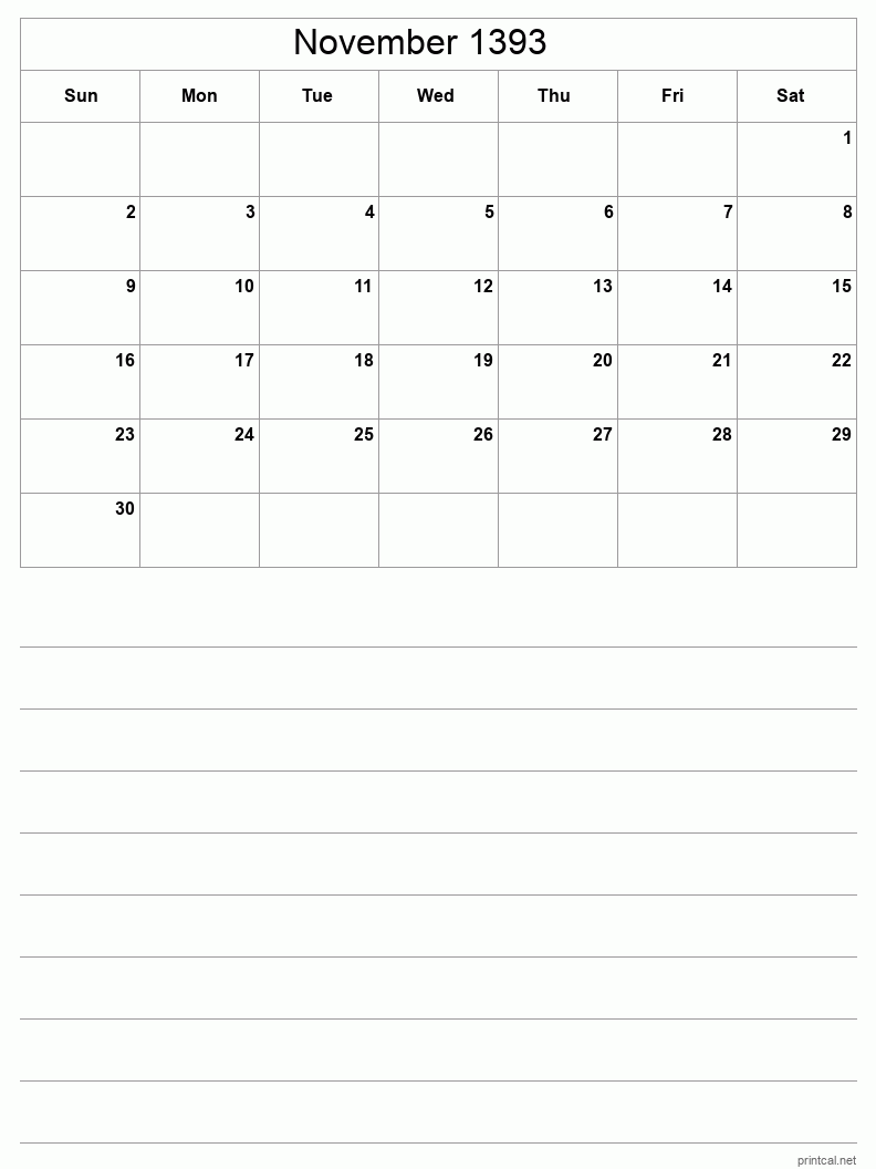 November 1393 Printable Calendar - Half-Page With Notesheet
