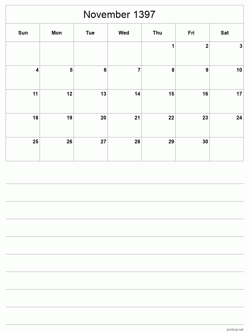 November 1397 Printable Calendar - Half-Page With Notesheet
