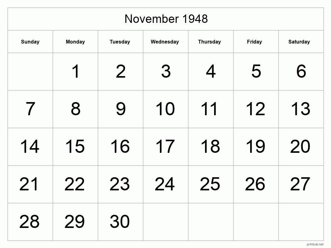 November 1948 Printable Calendar - Big Dates