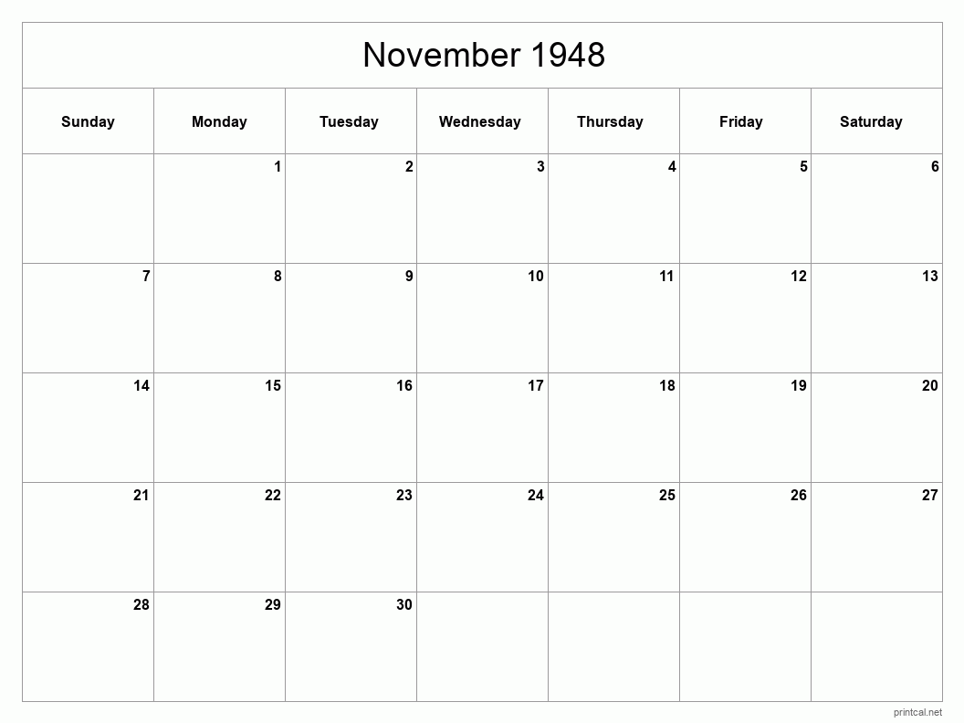 November 1948 Printable Calendar - Classic Blank Sheet