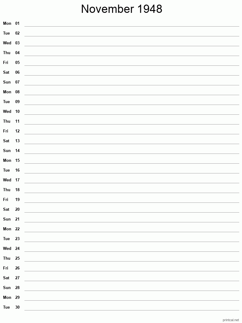 November 1948 Printable Calendar - Single Column Notesheet