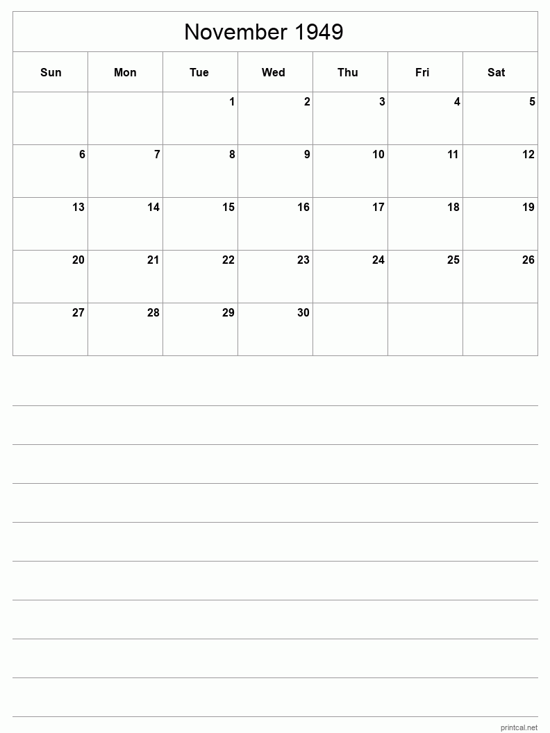 November 1949 Printable Calendar - Half-Page With Notesheet