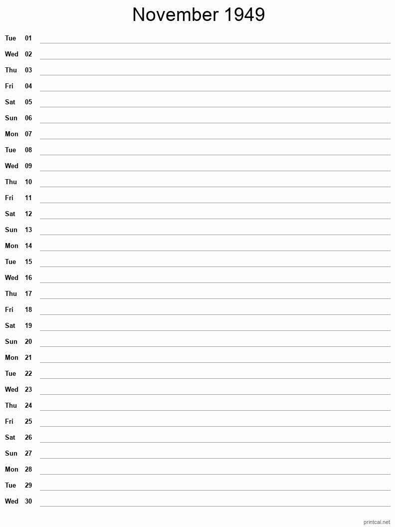 November 1949 Printable Calendar - Single Column Notesheet