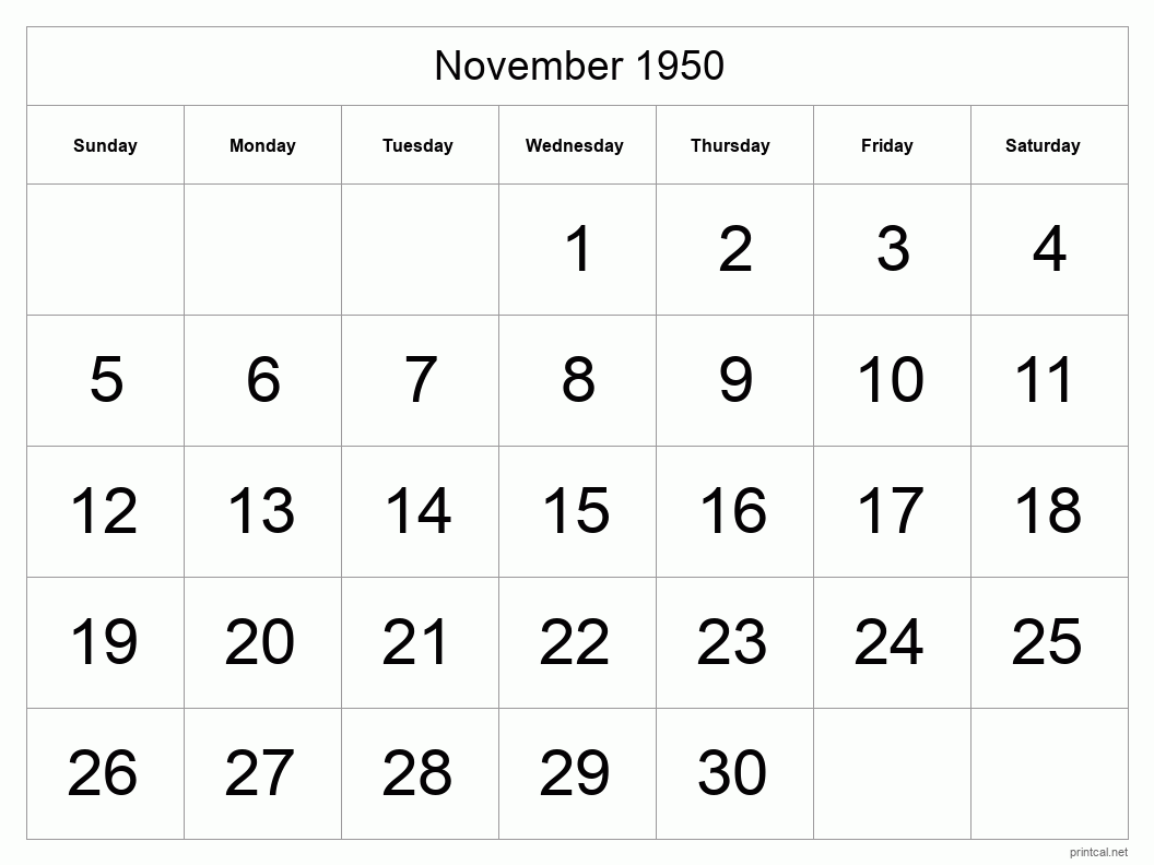 November 1950 Printable Calendar - Big Dates