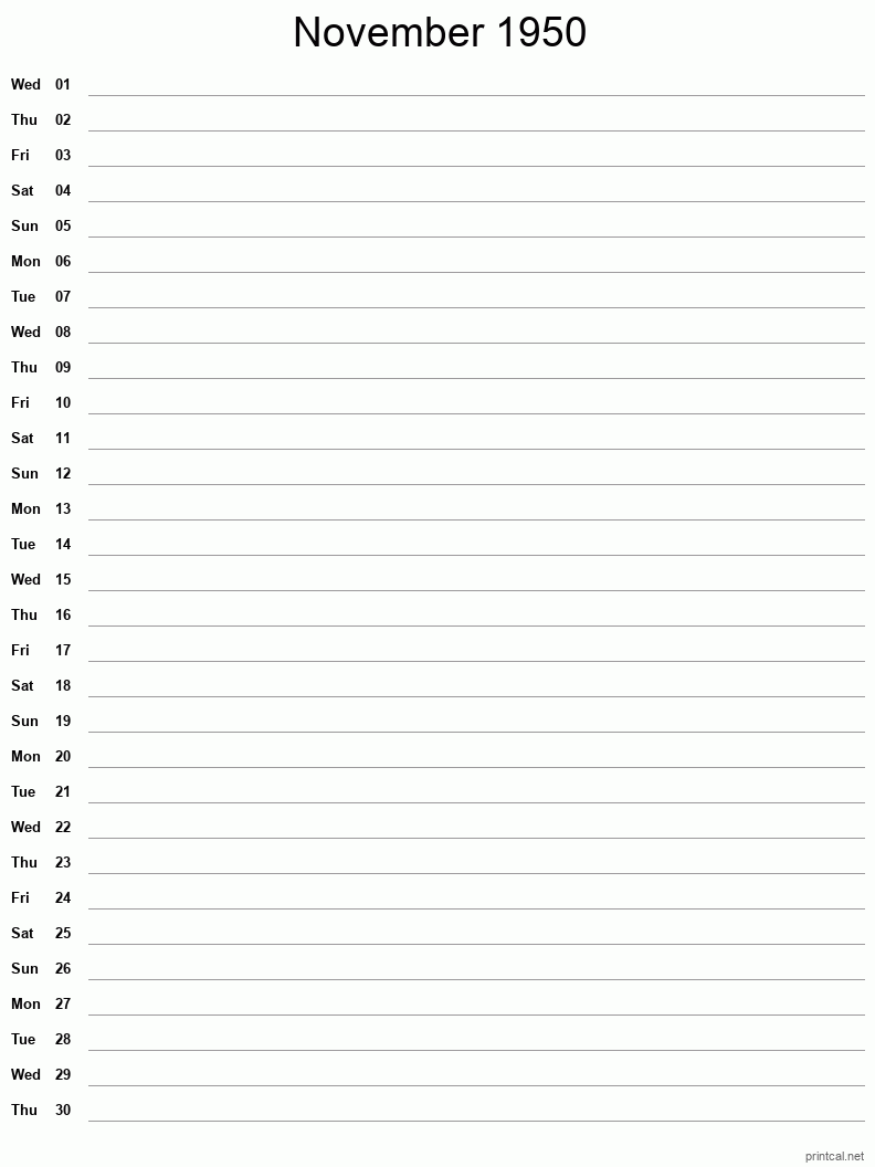 November 1950 Printable Calendar - Single Column Notesheet