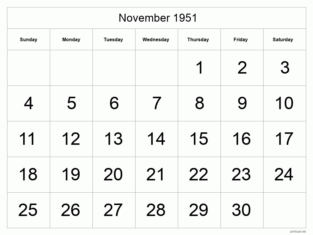 November 1951 Printable Calendar - Big Dates