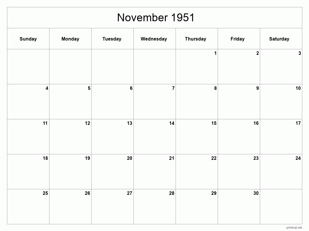 November 1951 Printable Calendar - Classic Blank Sheet