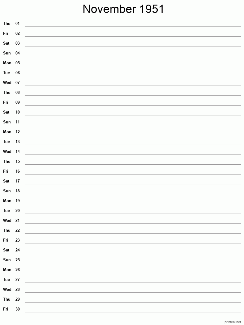 November 1951 Printable Calendar - Single Column Notesheet