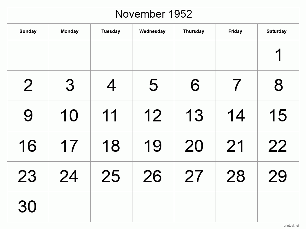 November 1952 Printable Calendar - Big Dates