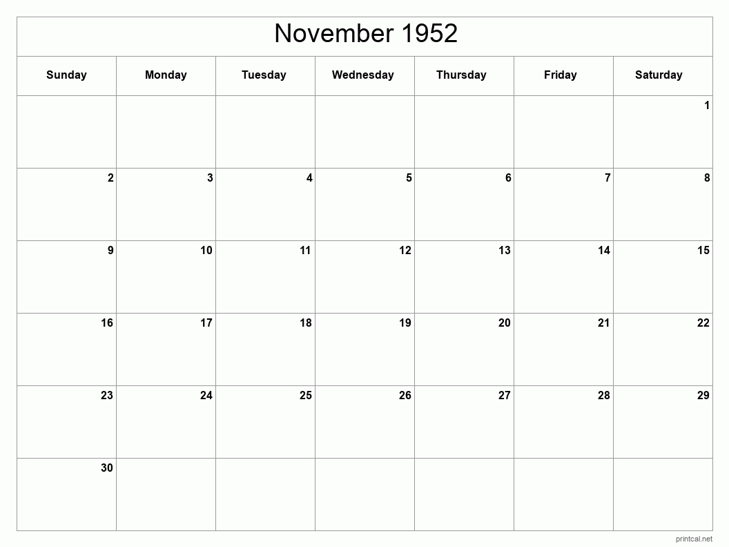 November 1952 Printable Calendar - Classic Blank Sheet