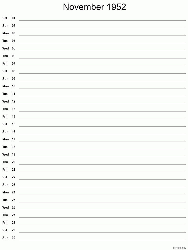 November 1952 Printable Calendar - Single Column Notesheet