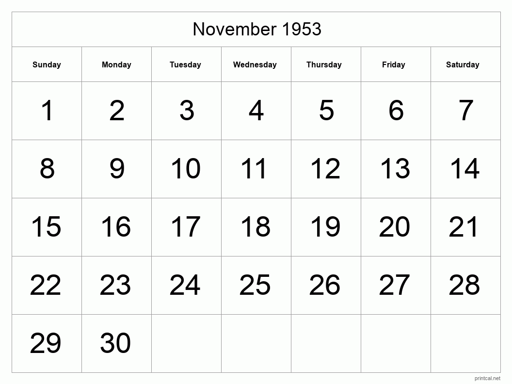 November 1953 Printable Calendar - Big Dates