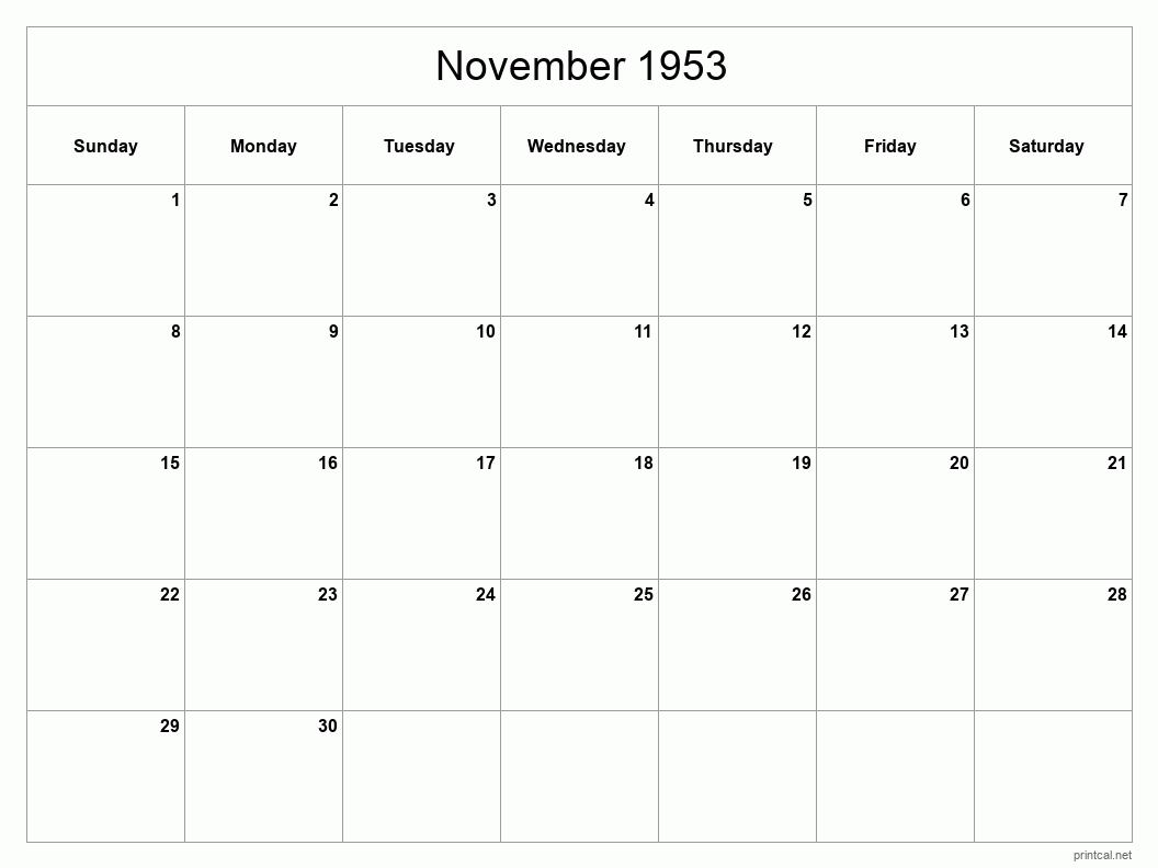 November 1953 Printable Calendar - Classic Blank Sheet