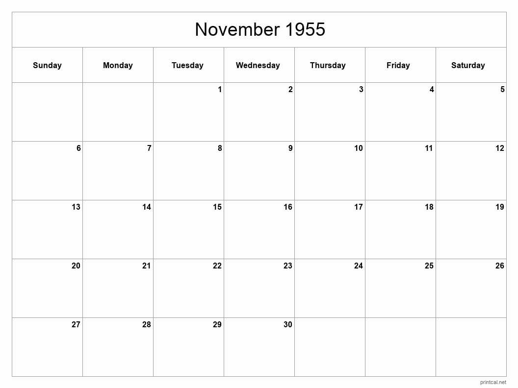 November 1955 Printable Calendar - Classic Blank Sheet